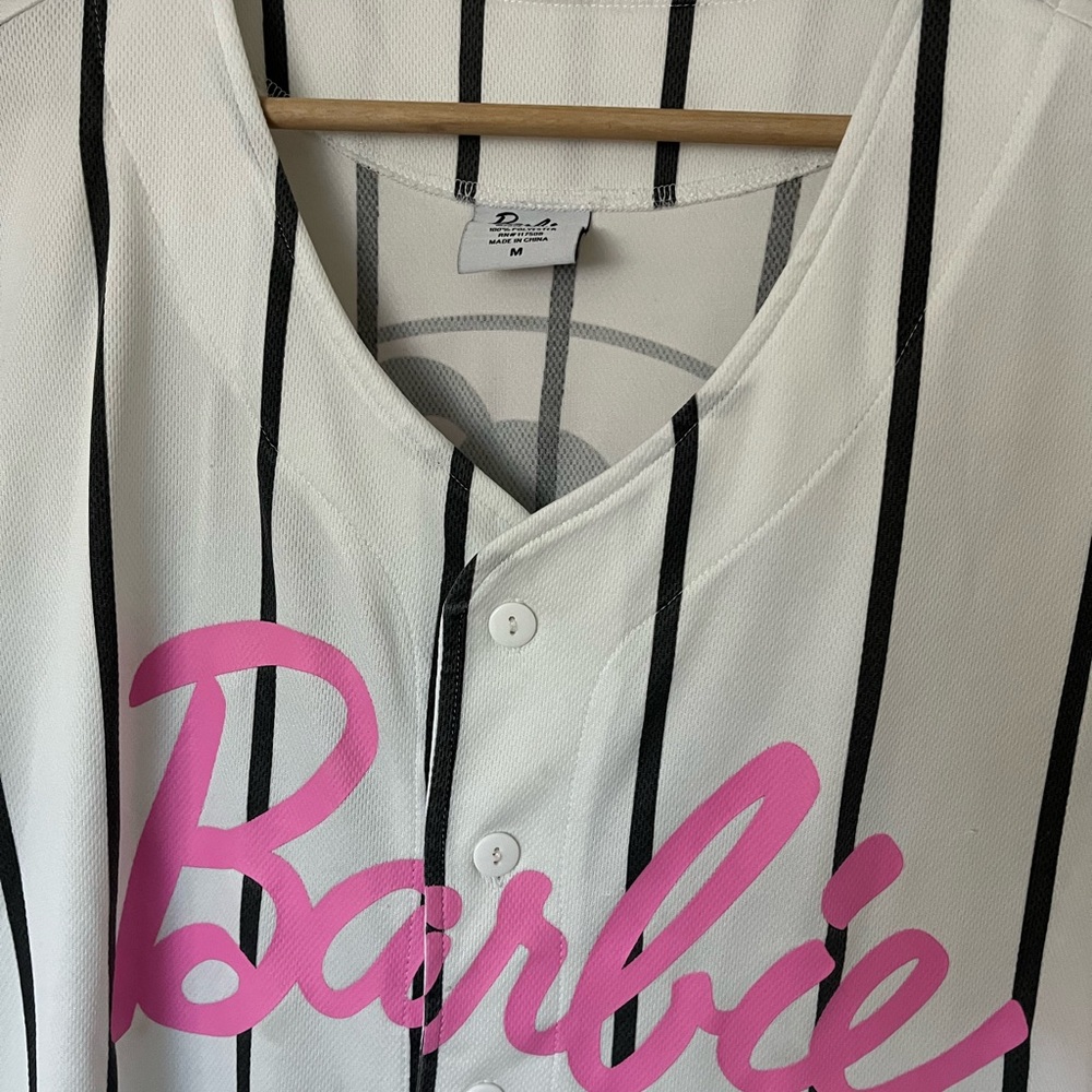 White Pinstriped Barbie Graphic Baseball Jersey - Picture 6 of 11